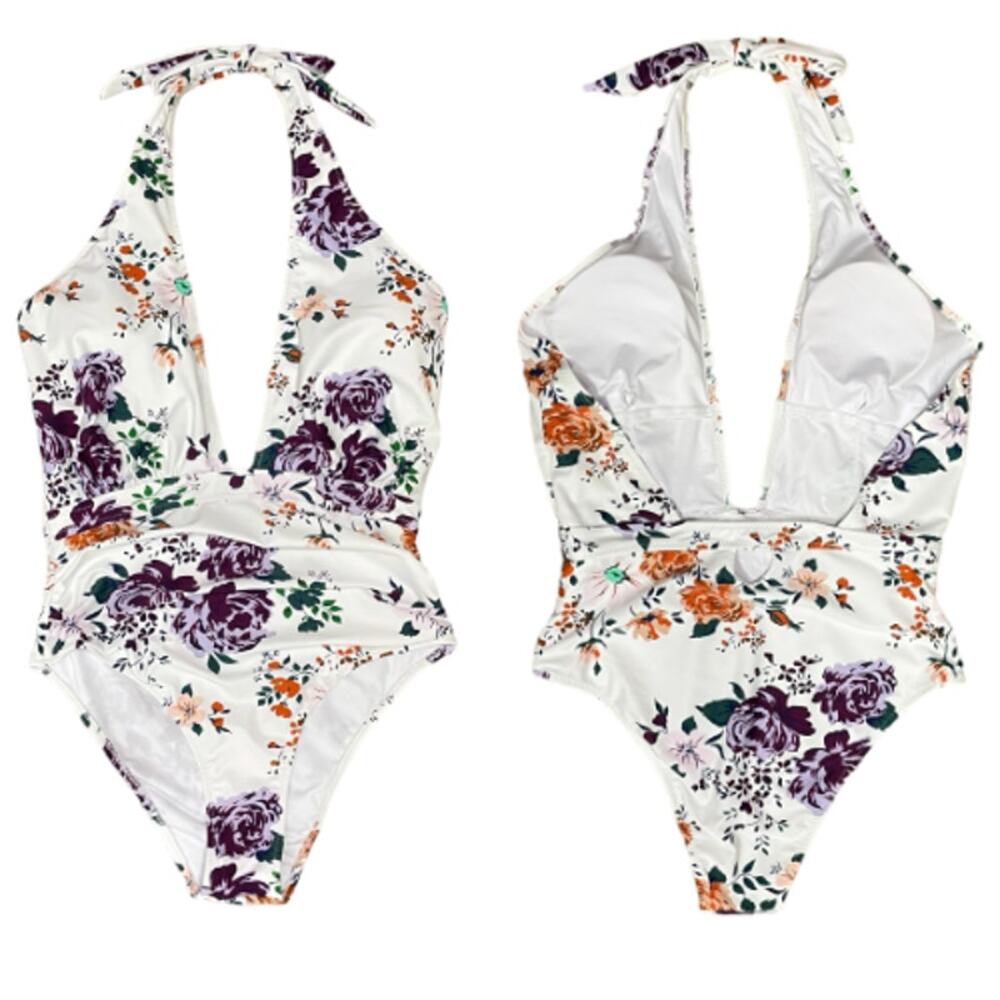 Cupshe | NWT White Floral Print Ruched Halter Cross Cutout One-Piece Swimsuit - Picture 3 of 12